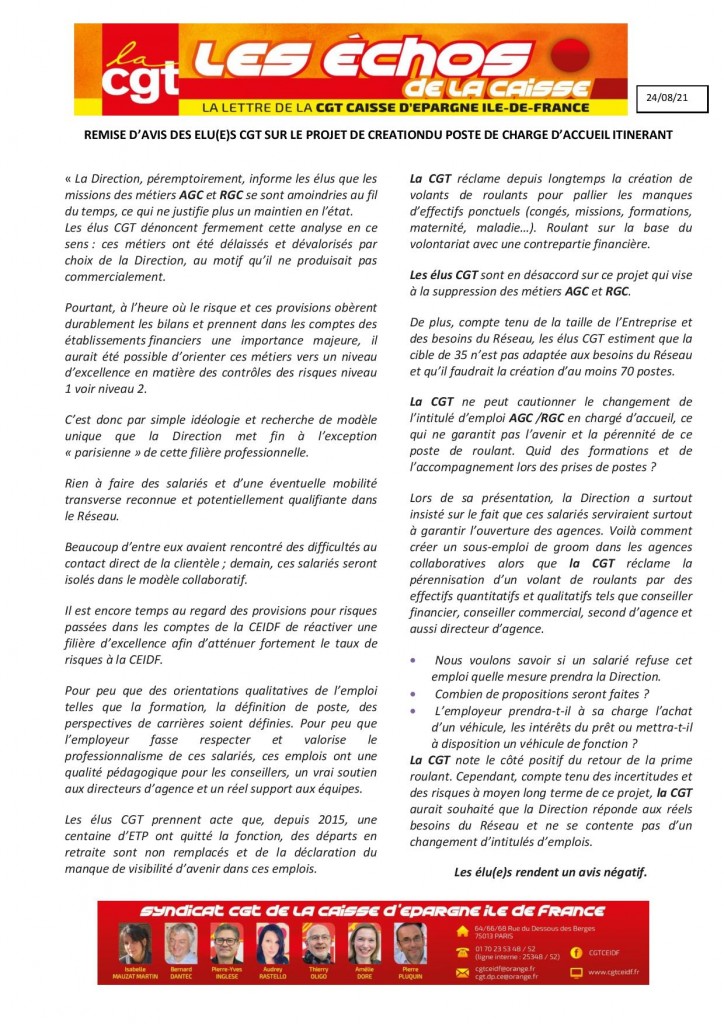 remise avis sur creation chargé d accueil itinérant et la disparition AGC et RGC